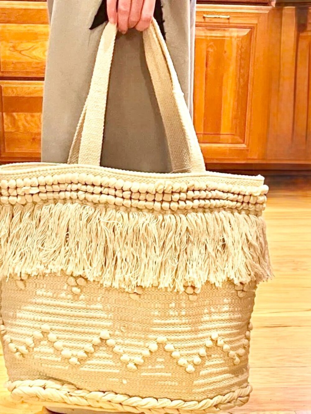 NWT Aprii Marin Bohemian Cotton Woven Tote Bag Natural Cream Beach Large